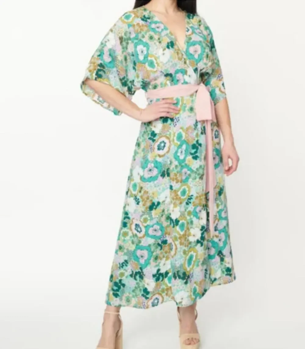 NWT Unique Vintage Mint Pink Floral Mod Maxi Wrap Dress Retro 60s 70s Size S/4